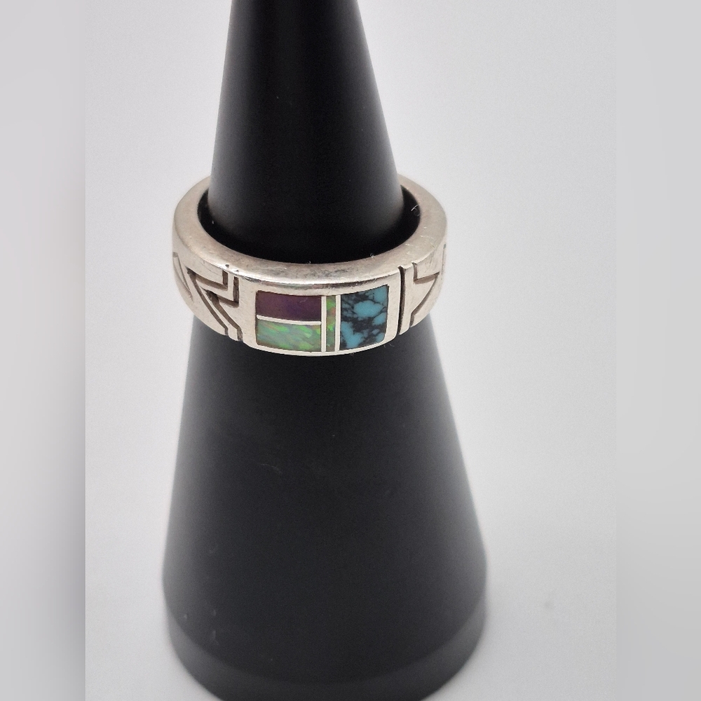 STERLING Silver MULTI Stone (Turq. Opal, Coral, Etc) Inlay Ring.  Size 6